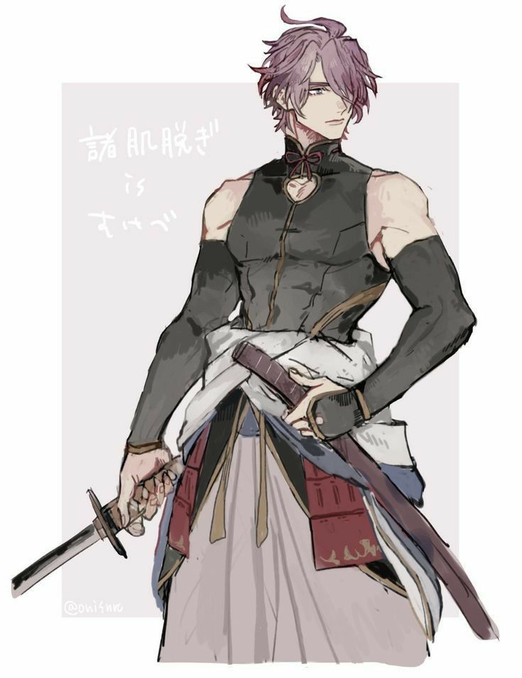 the image is a digital drawing of a male anime character who appears to be a samurai. he has long, purple hair and is dressed in a combination of traditional japanese clothing and more modern elements. his outfit includes a sleeveless dark top reminiscent of a qipao (chinese dress) with a high collar, long black gloves or sleeves, a hakama (a type of pleated skirt), and a katana strapped to his waist. the character has a muscular build and a serious expression. the artwork is done in a soft, slightly sketchy style, using muted colors.  japanese text is present in the background, seemingly a caption or title.