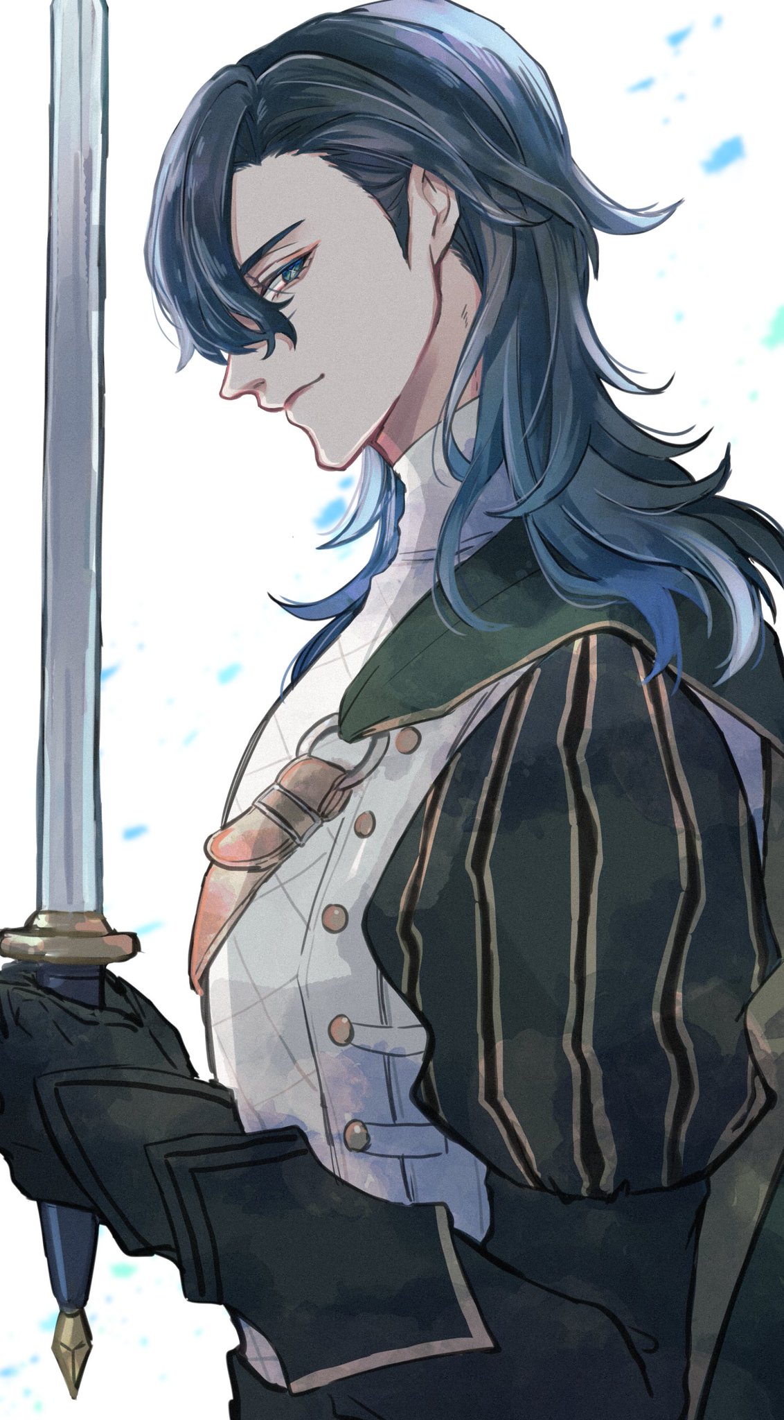 the image features a male anime character with long, blue hair. he is wearing a white shirt with a black jacket over it. he is holding a sword in his right hand. the character is looking away from the viewer and has a serious expression on his face. the background is a light blue color with white dots.