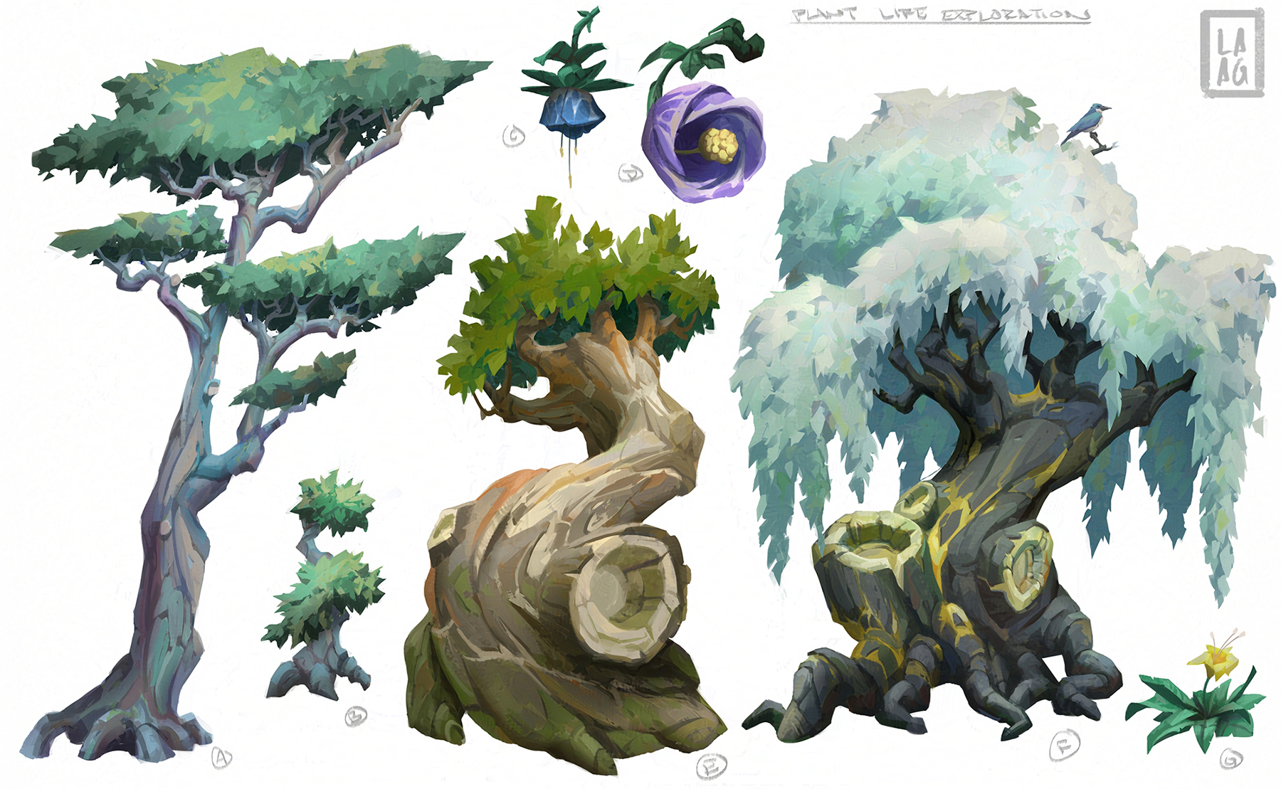 the image showcases a series of stylized tree designs for what appears to be a video game or animation project. there are six different tree designs, each with its own unique shape, color, and personality. the trees are all drawn in a painterly style, with visible brushstrokes and a soft, organic feel.