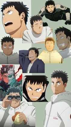 a collage of anime character portraits, likely fan art, with a variety of expressions and poses. the characters have short dark hair and distinct facial features. the style is reminiscent of manga with bold lines and exaggerated expressions. the background is a light graygreen.
