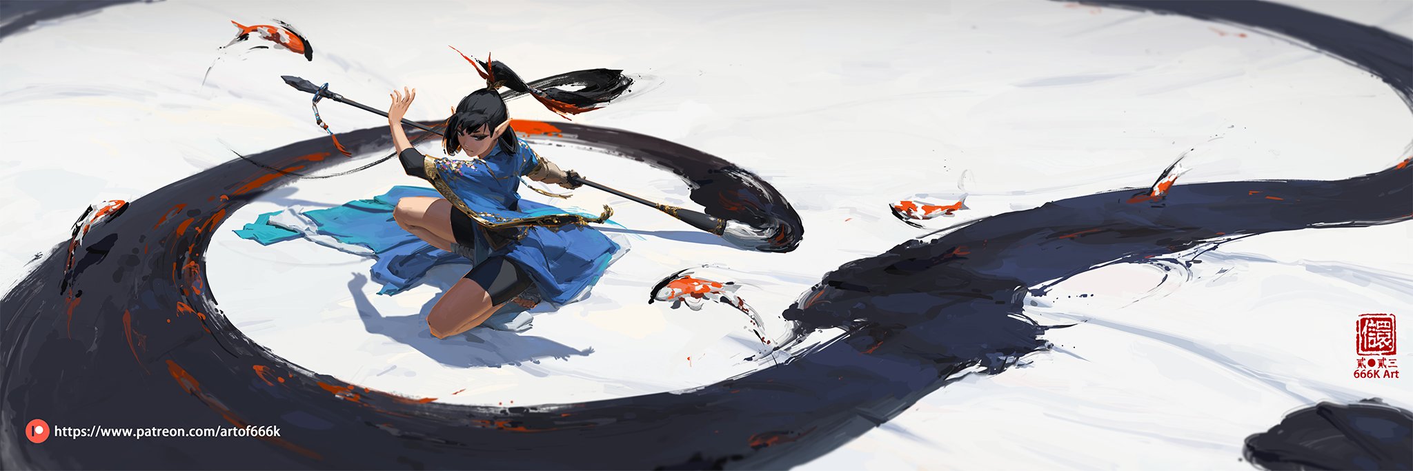 the image is a digital painting depicting a young woman, possibly an anime or manga character, in a dynamic pose. she is wielding a long, spearlike weapon that resembles a large paintbrush, and is surrounded by swirling ink strokes that mimic the movement of water. several koi fish are depicted within the ink strokes, adding to the sense of fluidity and motion. the woman is dressed in flowing blue and teal clothing, and her expression is one of focus and determination. the overall style is a blend of fantasy and eastern artistic influences. the background is primarily white, allowing the vibrant colors of the character and ink strokes to stand out. the image is highly stylized and emphasizes movement and energy.  a watermark or signature is visible in the bottom right corner.