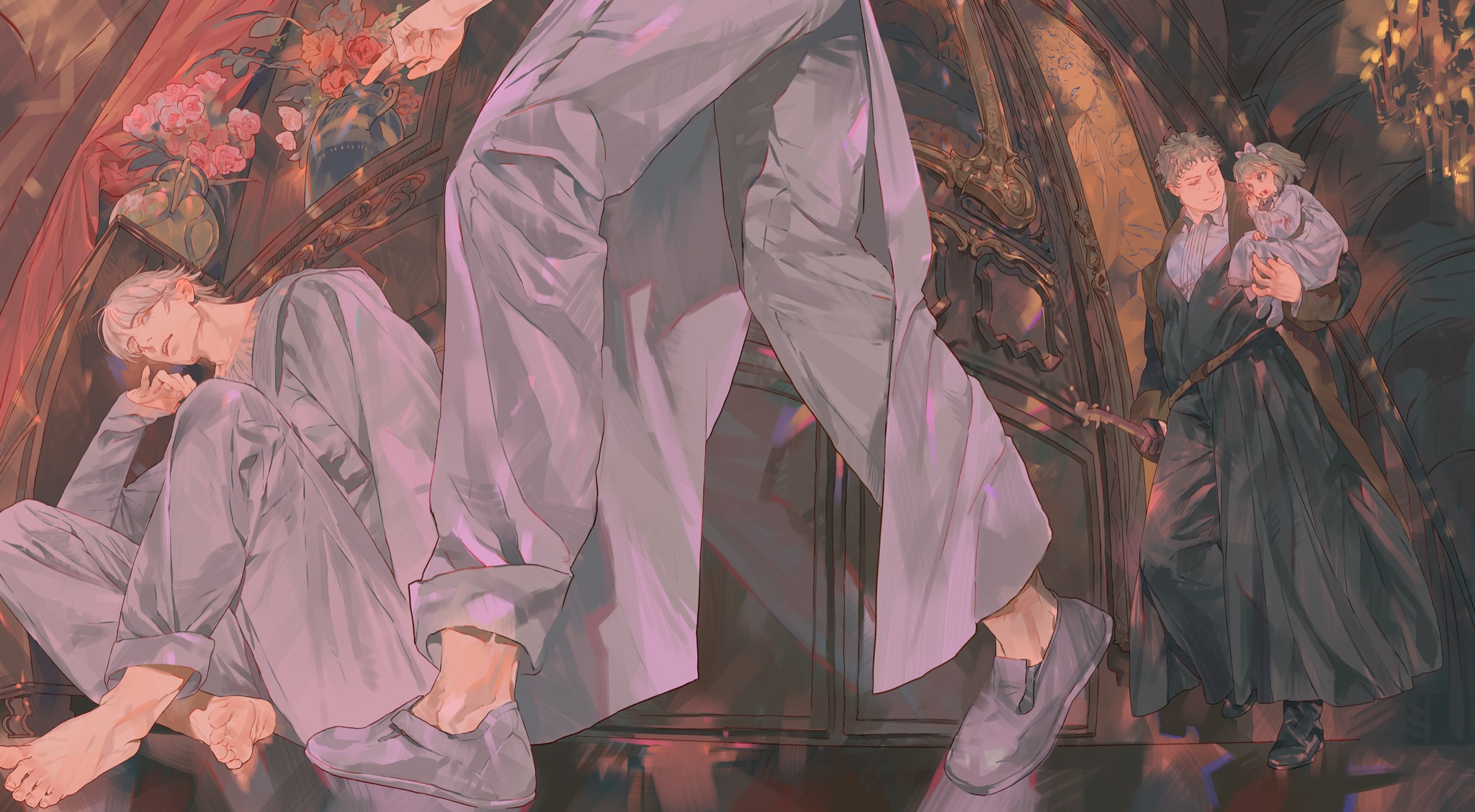 an illustration depicts several figures in a dreamlike scene. a man in loose clothing is seated on the left, appearing to be sleeping. in the center, another man in gray pants walks by, with a hand reaching towards a vase of flowers. on the right, a man in a dark robe holds a child, standing near an ornate door or portal. a musical instrument is visible in his hand. the overall atmosphere is fantastical and ethereal, with a soft color palette and painterly style.