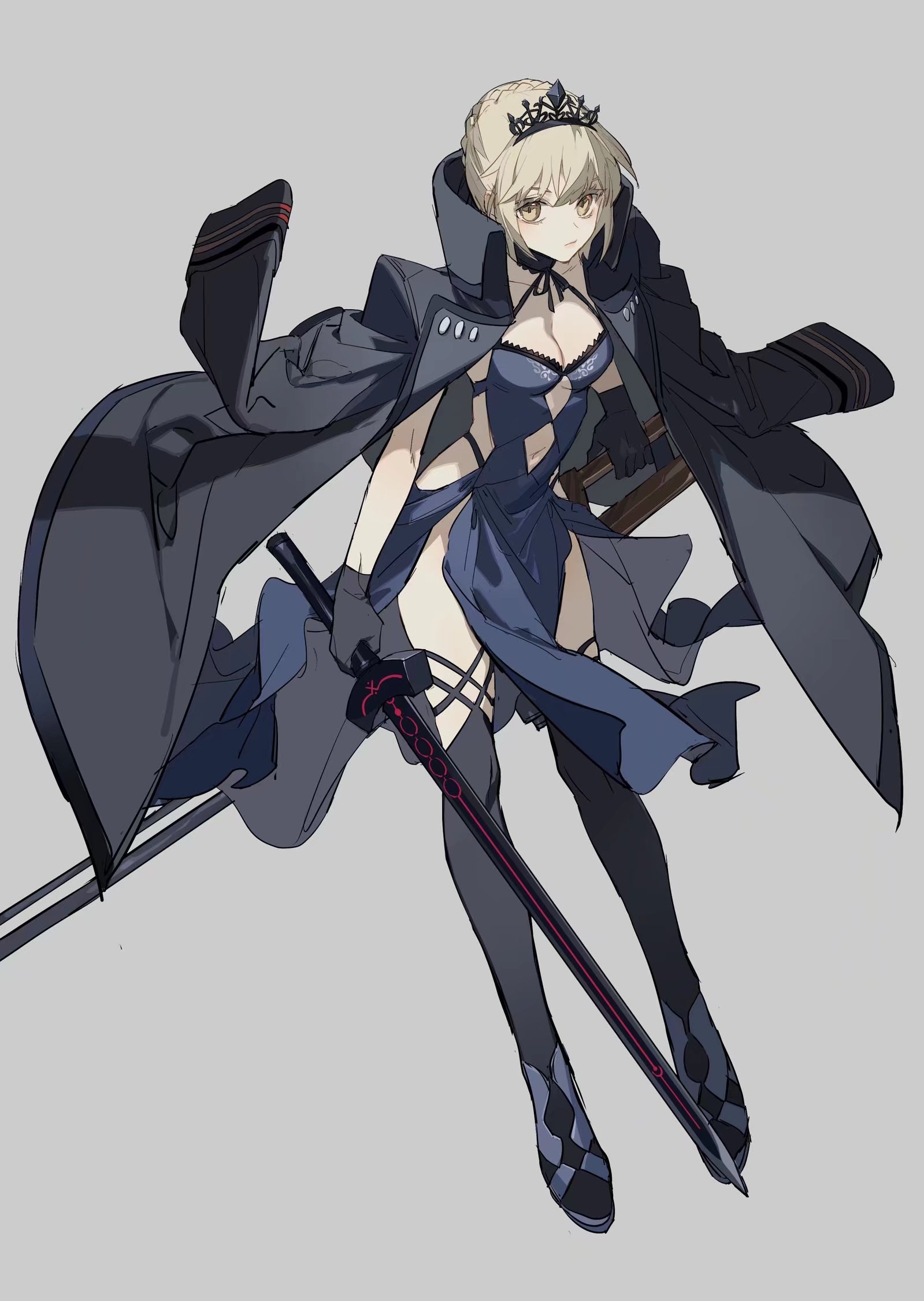 anime girl saber alter from fate/grand order wearing a crown and a long overcoat over a dress holding a sword.
