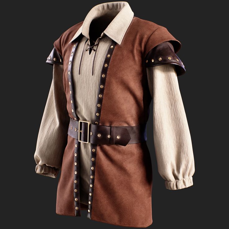 a closeup of a medievalstyle men's outfit. the outfit features a brown tunic with a leather belt and buckles. the tunic is adorned with metal studs and has leather accents on the shoulders. the outfit also includes a white shirt with long sleeves.