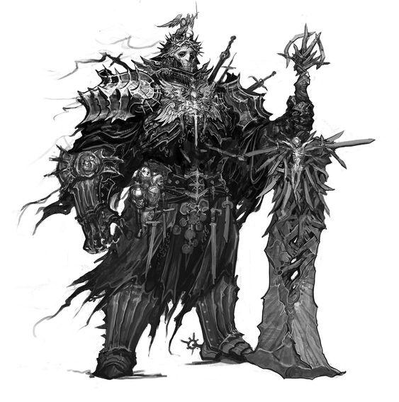 a towering skeletal knight clad in ornate and decaying armor stands in a dramatic pose. he wields a massive, jagged sword adorned with skulls and chains. his helmet is crowned with a skeletal bird, and his entire form exudes an aura of death and power. the art style is dark and detailed, reminiscent of dark fantasy illustrations.