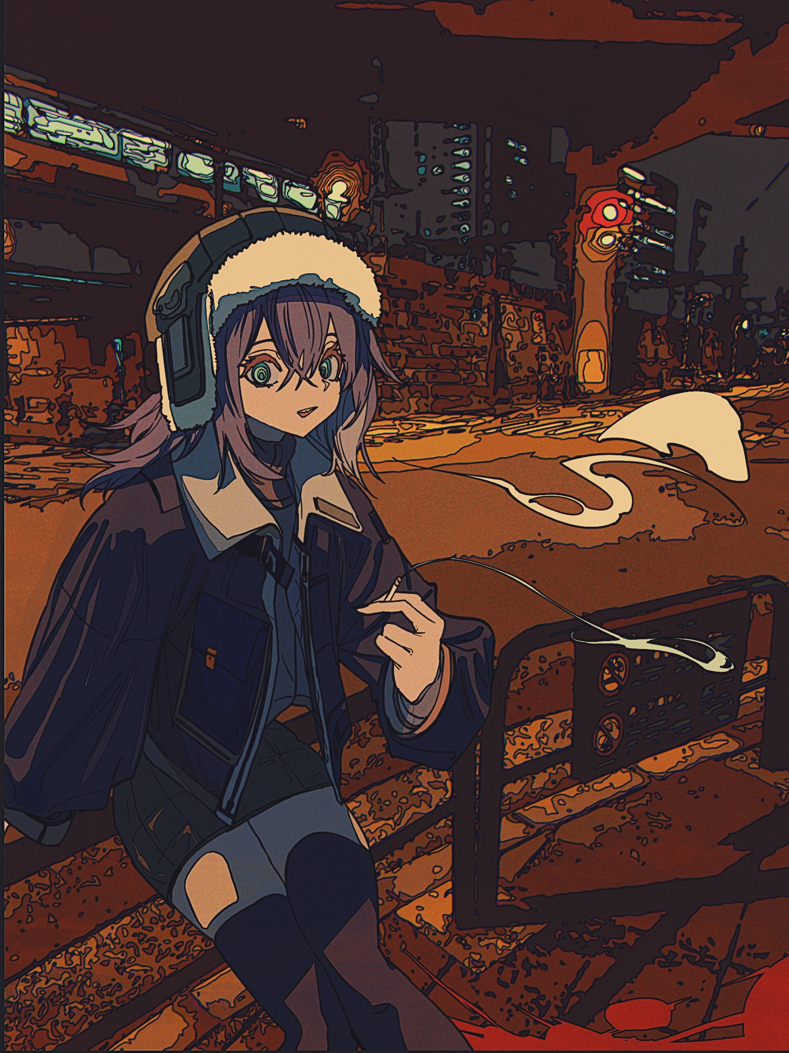 the image is a stylized digital illustration or artwork featuring an animestyle female character.  she has long purple hair, wears a winter hat with ear flaps and headphones, and a dark jacket. she appears to be sitting on a bench or some kind of metal structure, holding a cigarette and exhaling smoke. the background depicts a gritty, urban nightscape with a train or railway line visible, suggesting a late night or evening setting.  the overall style is dark, moody, and detailed, with a somewhat grunge or graphic novel aesthetic. the colors are muted and warm, dominated by browns, oranges, and dark blues. the illustration has a distinct artistic style with visible lines and shading.