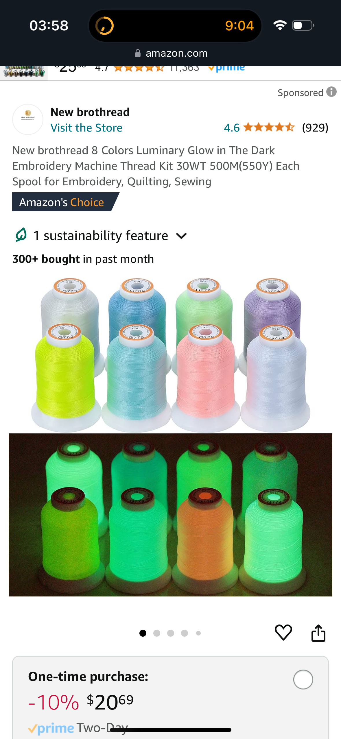 the image showcases a product listing from amazon for "new brothread 8 colors luminary glow in the dark embroidery machine thread kit 30wt 500m(550y) each spool for embroidery, quilting, sewing". the listing features two images. the top image shows 8 spools of colorful embroidery thread, while the bottom image shows the same spools glowing in the dark. the listing also includes details such as product information, customer ratings, sustainability features, and a "onetime purchase" price. the image highlights the product's key features: its ability to glow in the dark and its suitability for embroidery, quilting, and sewing.  the product is labeled as an amazon's choice selection.