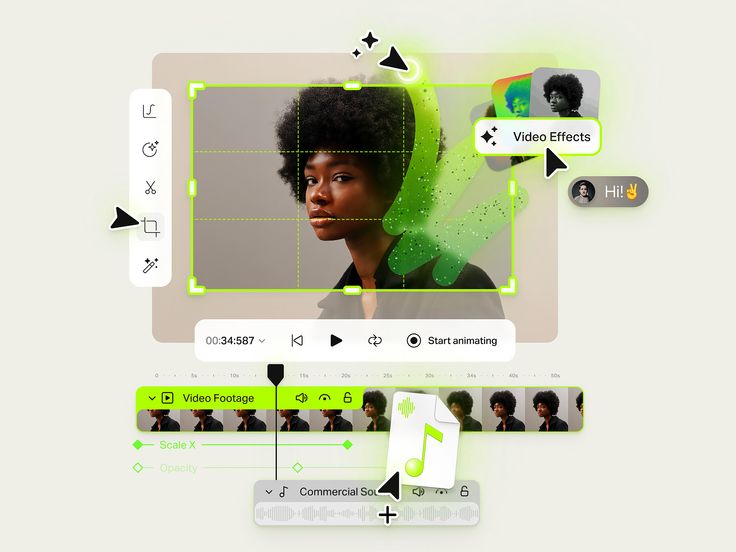 the image shows the interface of a video editing software. there is a timeline with video footage of a woman. above, the screen shows different editing controls, including a button for video effects. below the timeline, the user can add music to the video. the image represents the process of editing video footage.