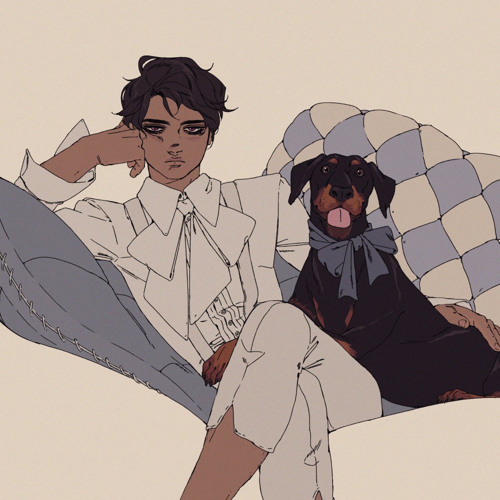 a man with brown hair sits on a couch. he's wearing a white shirt with a white collar and a white bow, as well as a pair of blue pants. a black and tan dog with a blue ribbon around its neck sits on his lap.