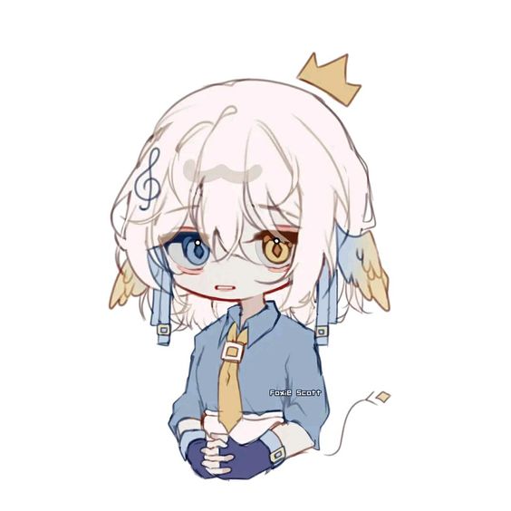 a digital drawing of a young girl with white hair and heterochromia. she has a wing on each side of her head and is wearing a crown.  she appears to be wearing a school uniform.
