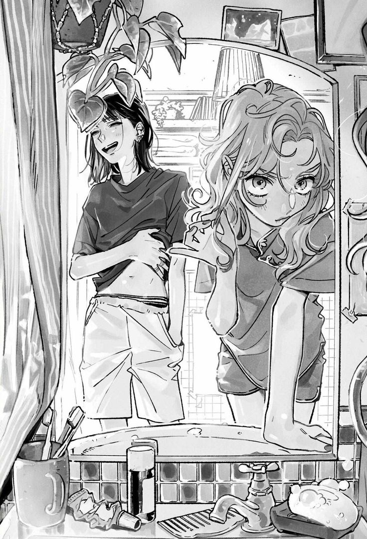 the image is a black and white mangastyle illustration depicting two teenage girls in a bathroom.  one girl is smiling broadly, looking at her reflection in a mirror while the other girl, wearing glasses, is looking at the first girl with a slightly mischievous expression. both are casually dressed in shorts and tshirts. the bathroom setting is shown in detail, with a sink, toiletries, plants, and parts of the room visible through the mirror. the style is a loose, expressive sketch with some areas of shading to convey depth. the overall mood suggests a casual, intimate moment between friends.