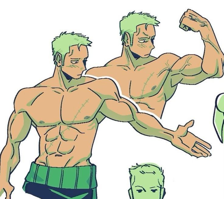 his is fanart of roronoa zoro from the anime and manga series one piece. the image showcases two different poses of a shirtless zoro, highlighting his muscular physique and abs. the art style is reminiscent of manga and anime, featuring a bold line style and flat coloring. one zoro is flexing his arm showing off his musculature, the other is showing a more relaxed pose with his arm extended.  both zoros have a similar expression, which is somewhat serious or pensive. there is a smaller drawing of another face in the bottom right of the picture which appears to be a different character or possibly another angle on zoro. the overall coloring is dominated by shades of light green and tan, complementing zoro's signature green hair and his skin tone.
