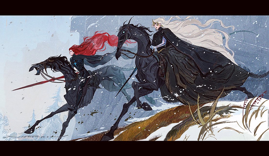this digital artwork depicts a scene from a fantasy world where two women, both clad in dark armor, are riding black horses through a snowy landscape. the woman on the left has red hair and is wielding a long red sword, while the woman on the right has long white hair and is wearing a dark cloak. both women appear determined and fierce, as if they are rushing into battle or on a quest. the snowy mountains and forest in the background add to the sense of epic adventure and grandeur. the artwork's dynamic composition and use of dramatic lighting creates a sense of motion and power.