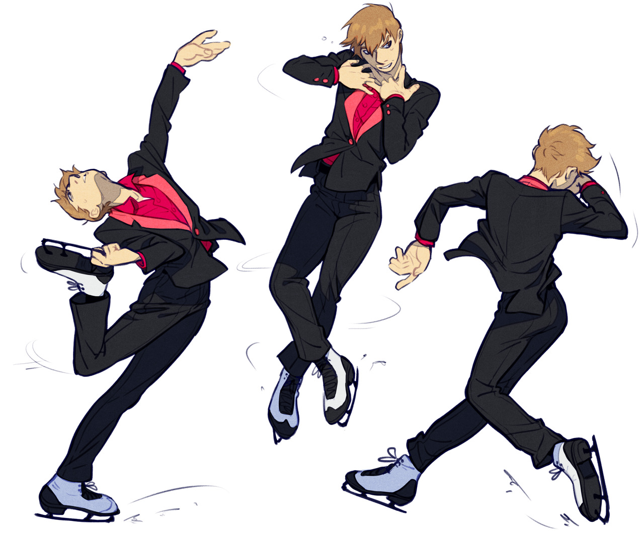 the image shows a young man figure skating in three different dynamic poses. he wears a stylish black suit with a red shirt. the background is white, highlighting the movement and grace of the skater. the image captures the energy and athleticism of figure skating.