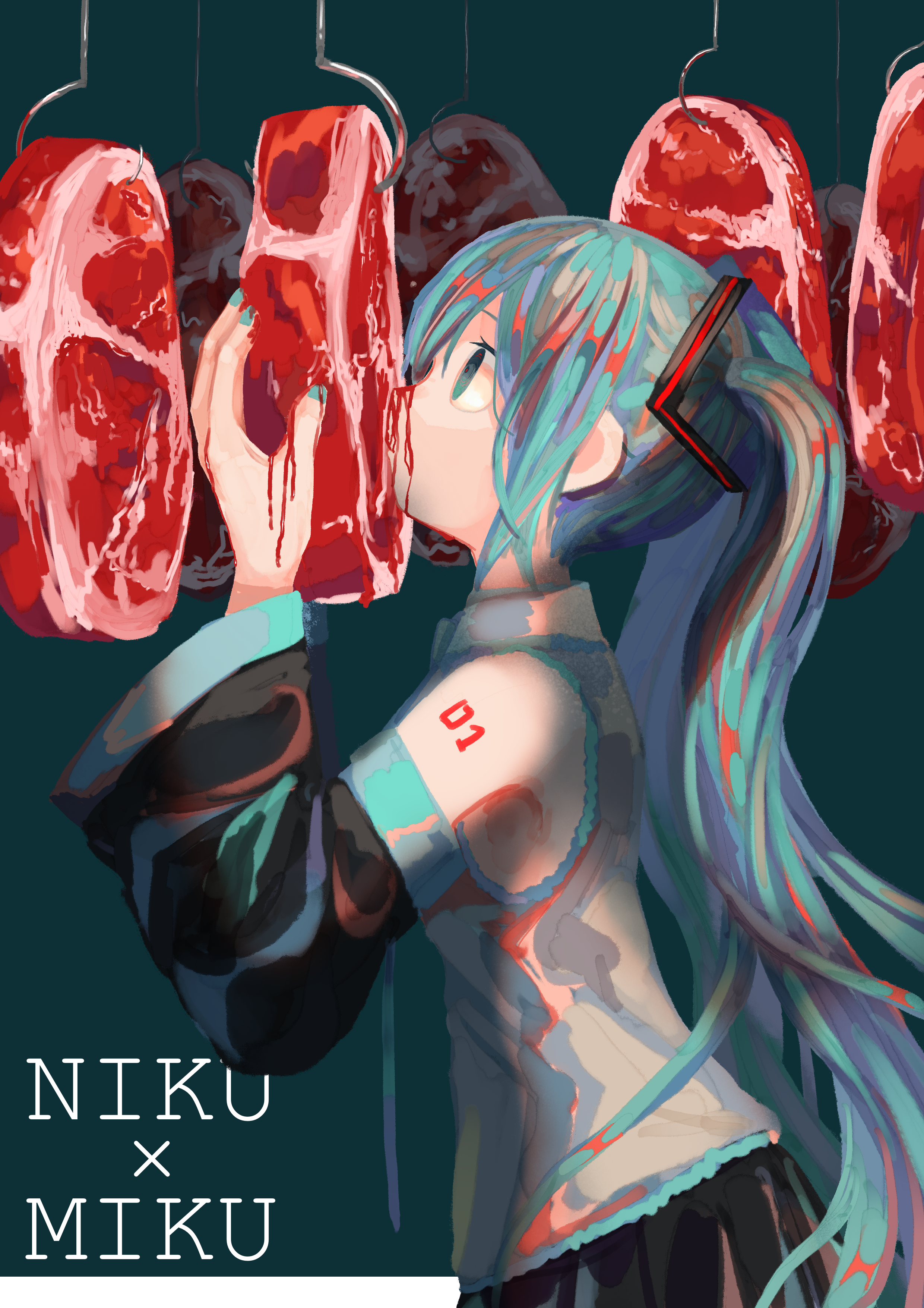 the image shows a digital fan art of anime girl hatsune miku, where she is standing in a room with hanging meat, which she holds with her left hand and touches it with her lips. the writing at the bottom says "niku x miku".