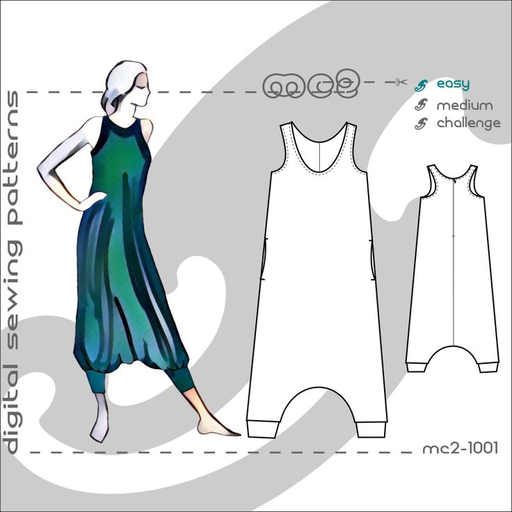 the image is a sewing pattern for a jumpsuit with harem pants. the pattern is described as easy to make, and it is labeled as "mc21001." there is a drawing of a woman wearing the finished jumpsuit in a green and blue fabric. the pattern shows both the front and back views of the jumpsuit. the front view has side pockets, while the back view has a zipper.