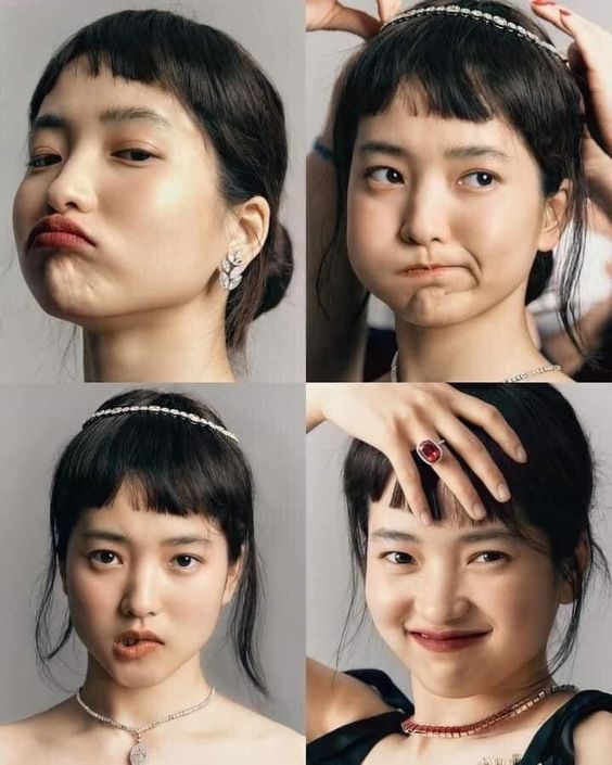 a fourimage collage showcasing a woman modeling different jewelry pieces, including headbands and necklaces, while displaying a range of playful facial expressions. she has dark hair styled with bangs, accented by natural makeup. the studio setting provides even lighting, highlighting the details of her features and the jewelry.