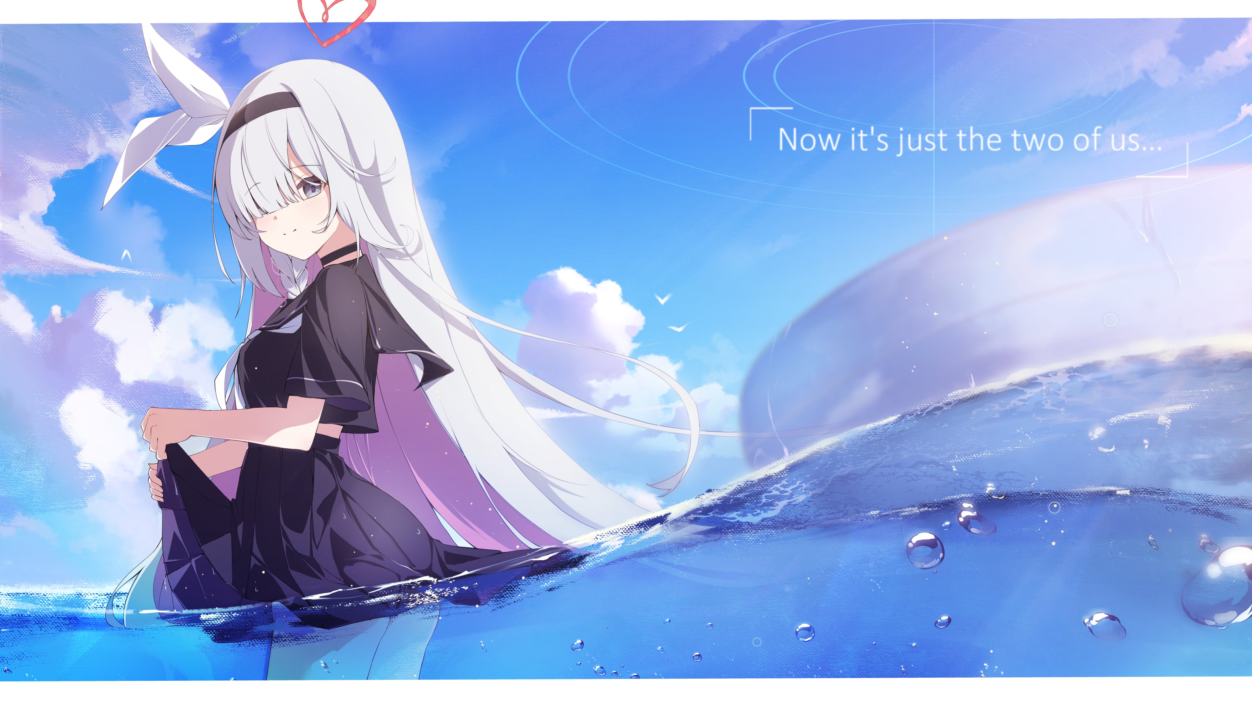 an animestyle illustration features a young girl with white hair, a black dress, and a halolike accessory, sitting in water. the water is bright blue and has visible bubbles. the background shows a blue sky with scattered white clouds. text in a box reads "now it's just the two of us..."