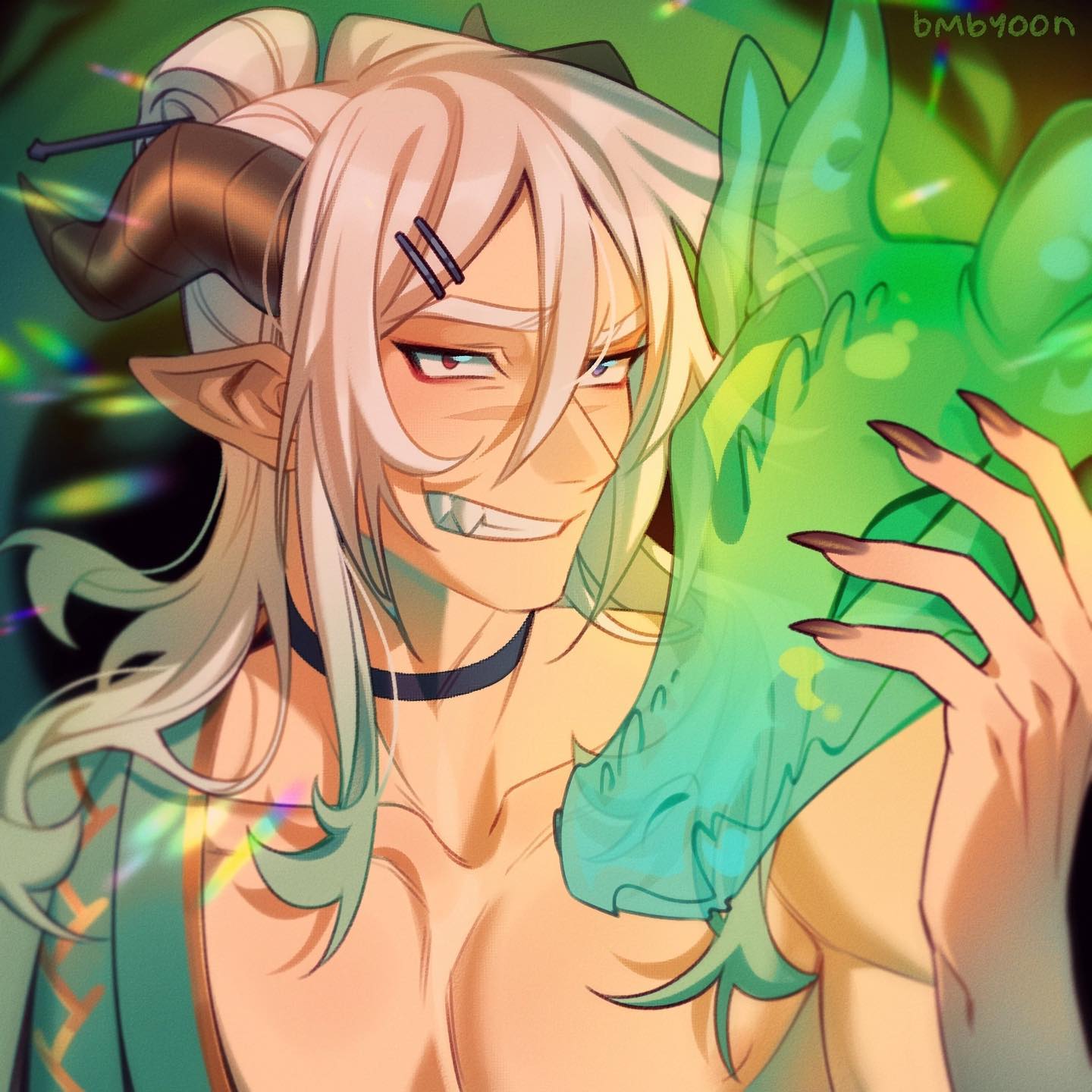 the image is a digital fanart depicting a male anime character with long white hair, horns, and elflike pointed ears. he has a smirk and sharp nails.  he's holding a translucent, glowing green dragonlike creature close to his face. the character is shirtless, revealing his chest, and he’s wearing a dark choker. the art style is vibrant and detailed, with a focus on the character's expression and the ethereal quality of the dragonlike being. the background is a blurred green with rainbowlike streaks.  the artist's signature, "bmbyoon," is visible in the upper right corner. the overall mood is one of enigmatic allure and fantasy.