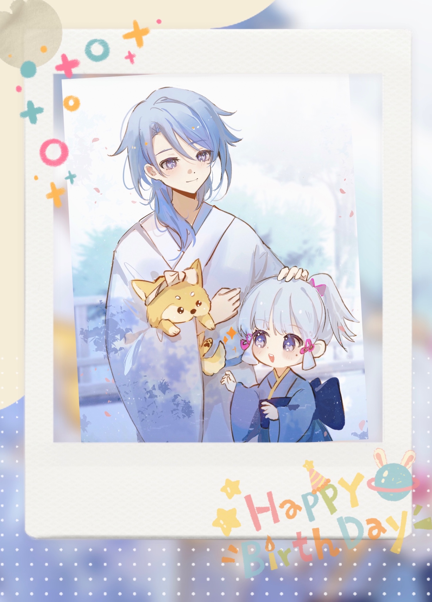 this is an illustration of two cute girls in kimonos. the girl on the left has white hair and is holding a puppy. the girl on the right has blue hair and is looking at the viewer. the image is set in a polaroid frame with a happy birthday message on the bottom.