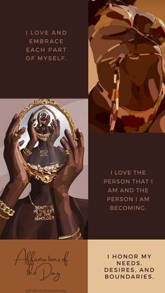 it's a fourpart graphic with illustrations of a black woman and positive affirmations in white sansserif font against a brown background.