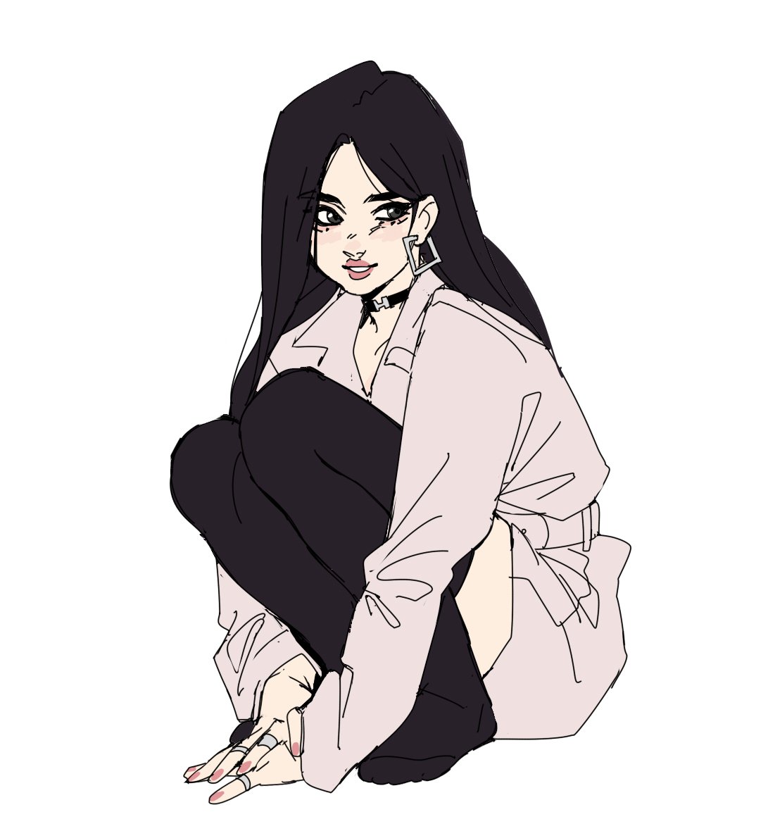 this image is a digital illustration of a young anime woman with long black hair sitting with her legs crossed and a relaxed pose.  she is wearing a white shirt and black pants or skirt with rings and earrings.  the art style is in a cute, mangastyle.
