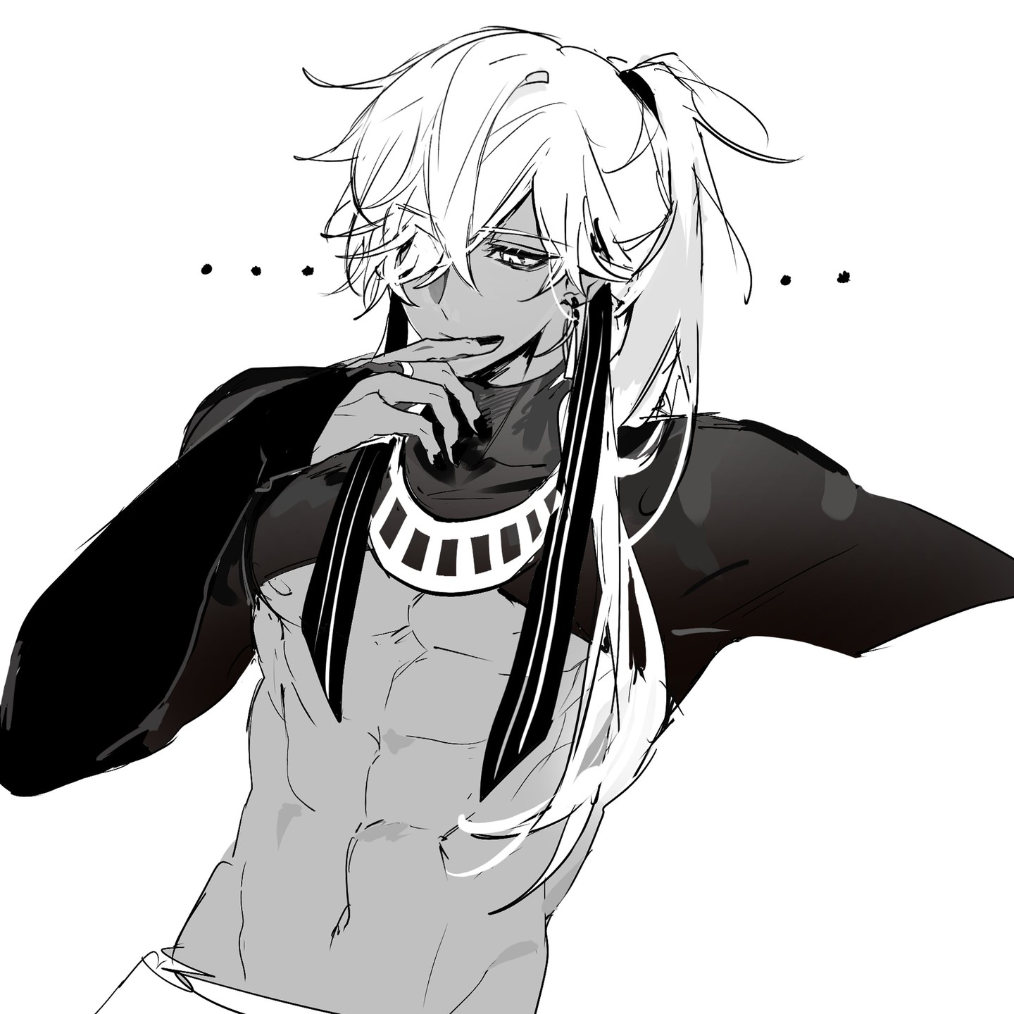 the image is a black and white drawing of a handsome animestyle male character. he has long white hair tied in a ponytail, dark clothing, and a muscular physique. he's wearing a necklace with a striped design. his expression is a confident smirk, and his pose is seductive and stylish.  the art style is loose and sketchy, giving it a raw, expressive quality.  the background is plain white.