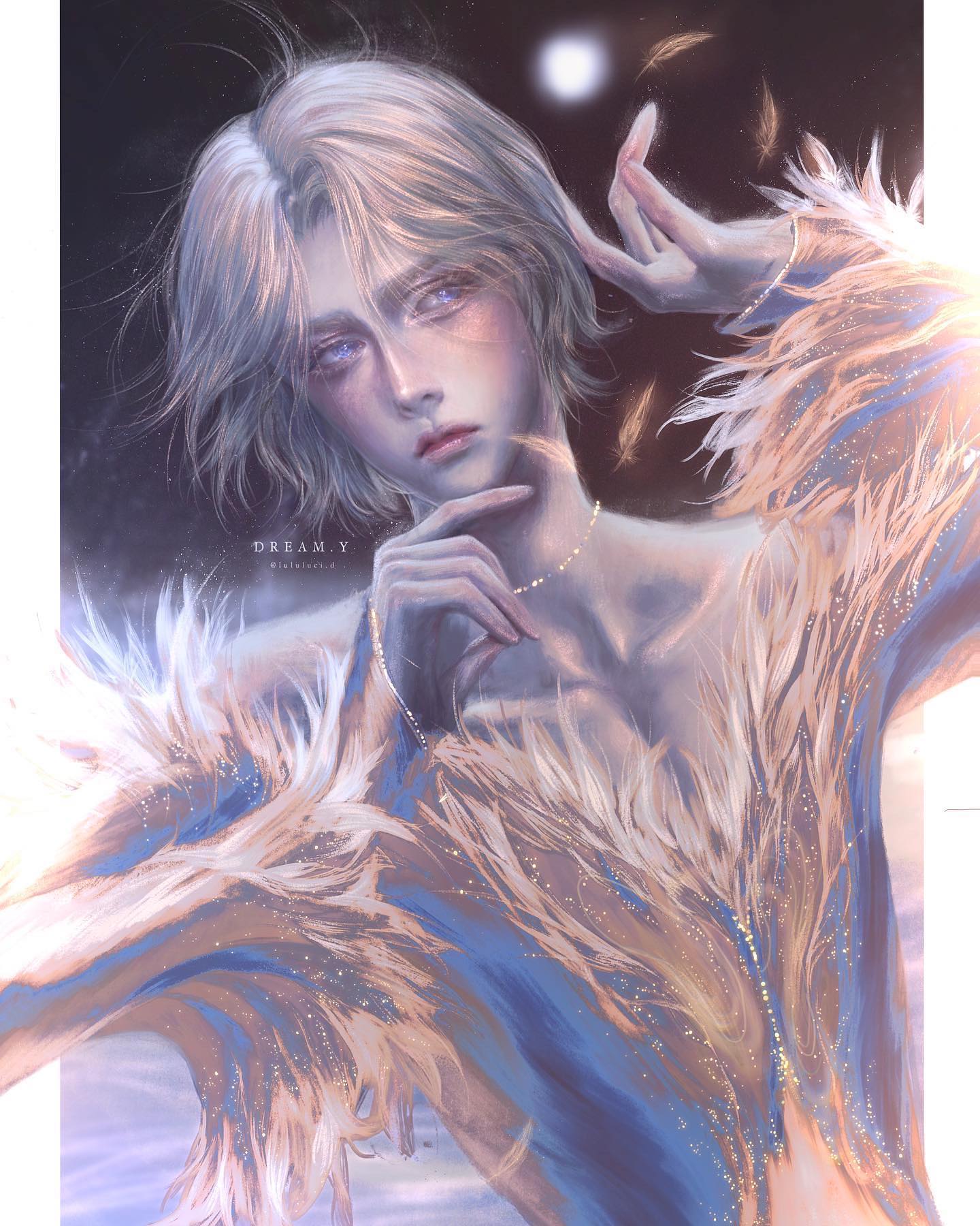 a digital art illustration of an anime male character with white hair and blue eyes. he is wearing a blue and gold outfit adorned with feathers and glitter. he is posing with one hand raised and looks directly at the viewer with a dreamy expression. the background is a night sky with a moon.