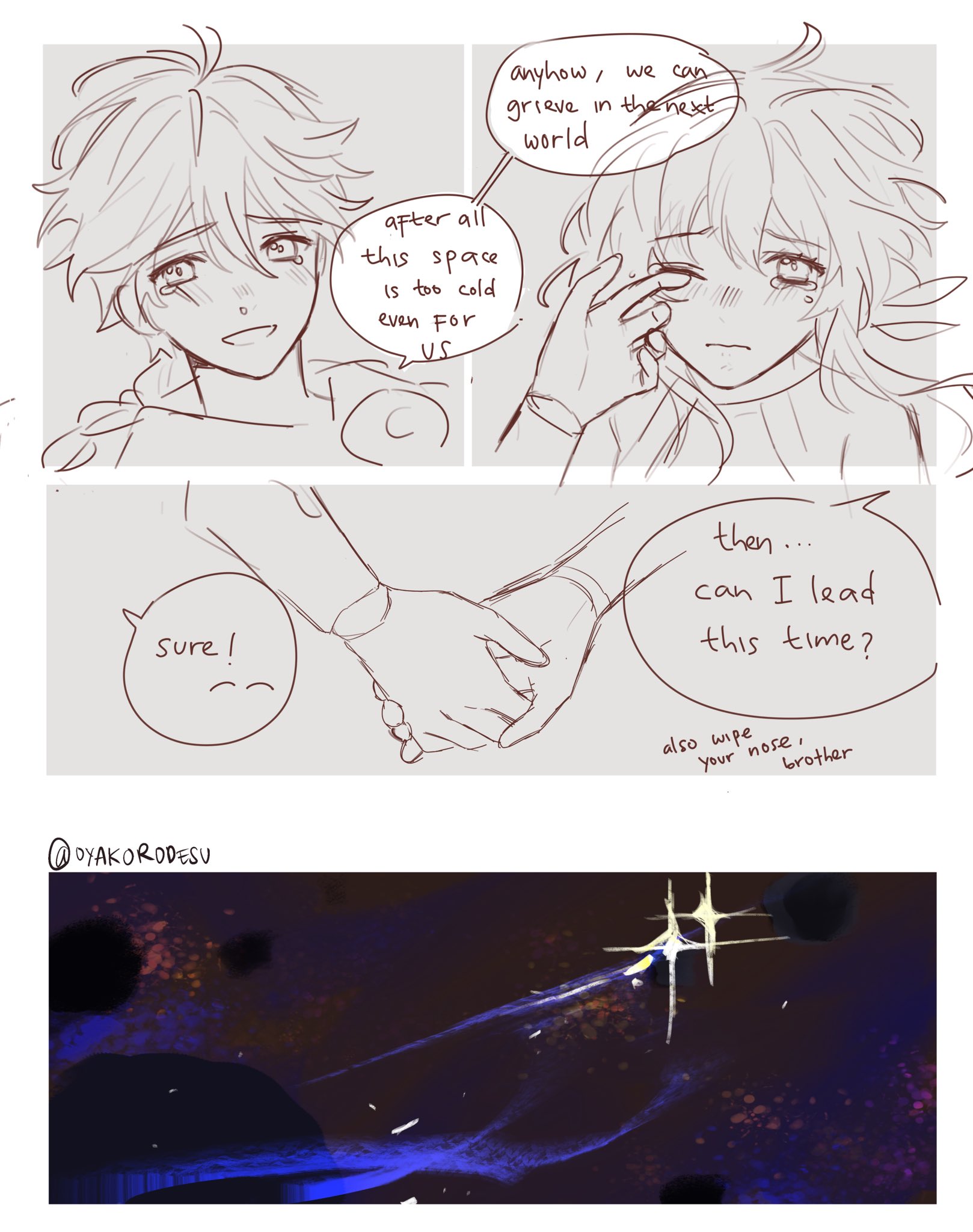 this is a webtoon style comic showing two male characters interacting. the two characters are crying and holding hands. one character is asking if he can lead the other on a journey to another world. the comic uses a dark color scheme to add to the emotions of the scene. the background shows stars and galaxies, suggesting a space theme for their next world.