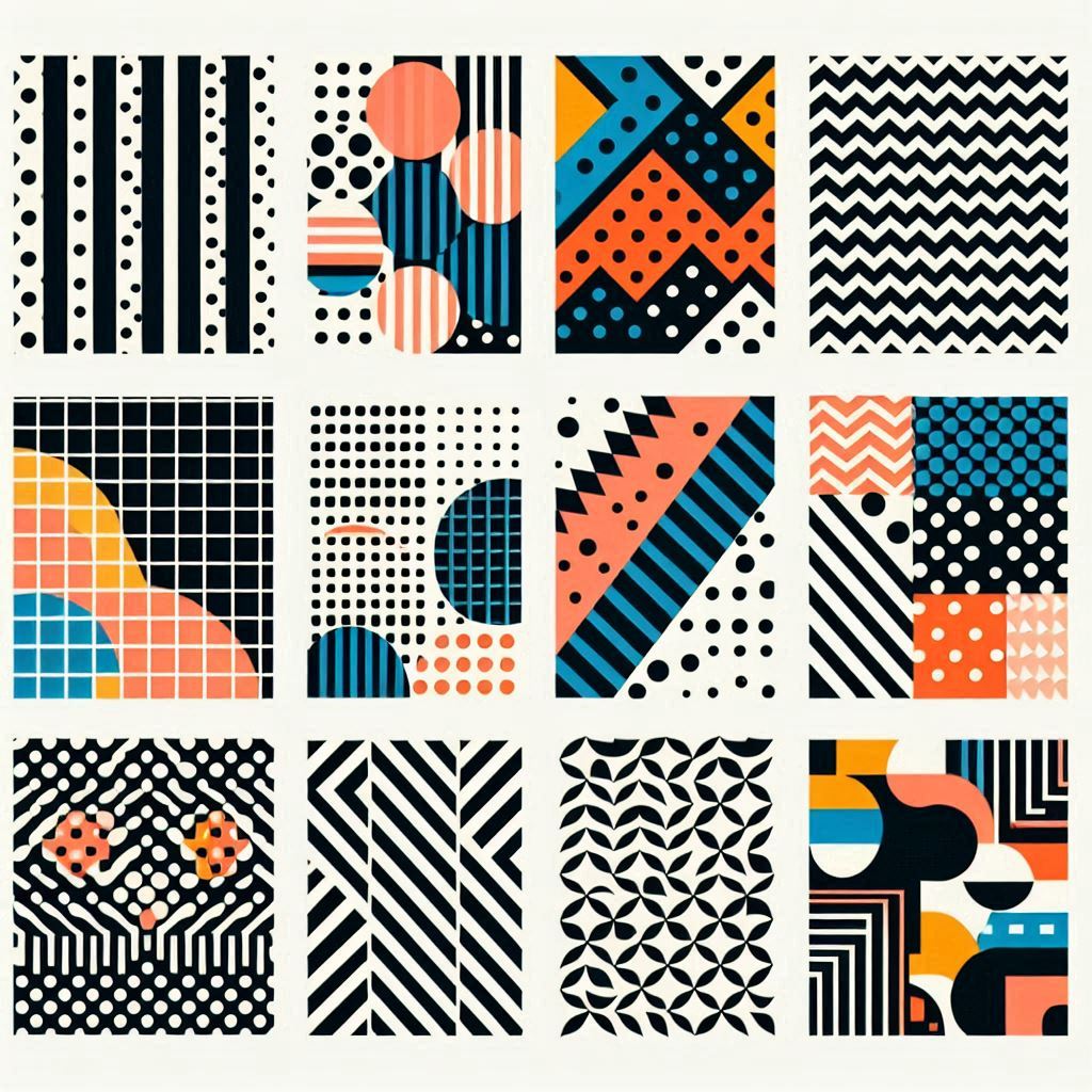 the image is a collection of twelve square abstract patterns in black, white, blue, orange, and yellow. the patterns feature various geometric shapes and lines arranged in different compositions.