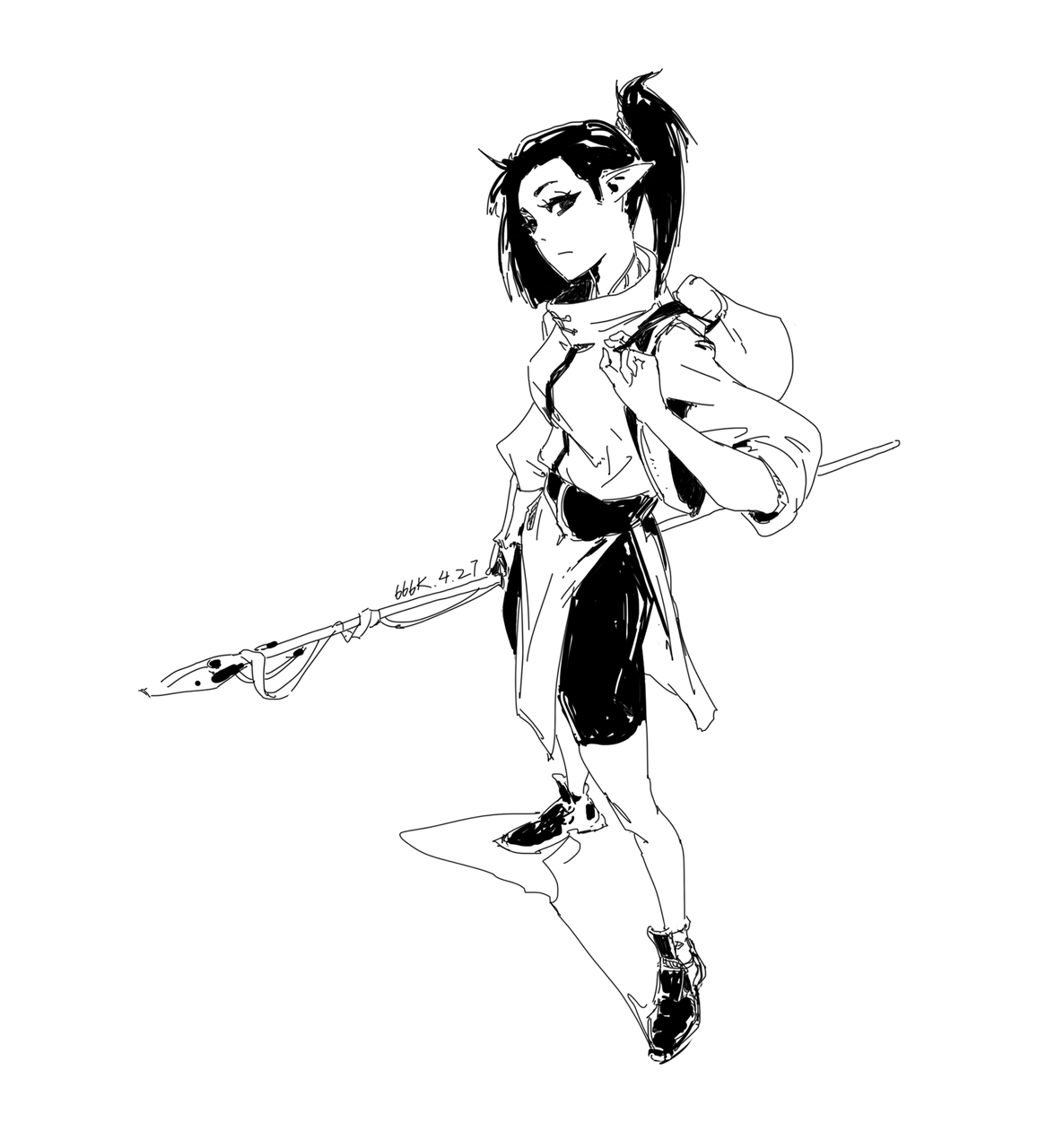 the image is a black and white line art sketch of a female elflike character. she has pointy ears, a ponytail, and is wearing a loosefitting, somewhat tuniclike outfit with a backpack. she holds a long staff and her expression is somewhat serious or stoic. the style is reminiscent of anime or manga, with loose, expressive lines. the background is simple and uncluttered.