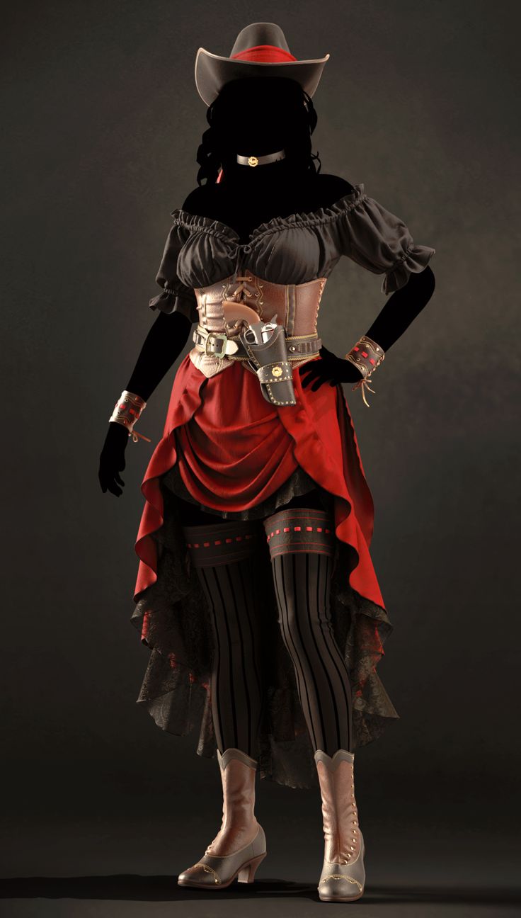 a mysterious woman dressed in a steampunk western costume is standing in front of a dark background, holding a gun in her holster and posing with a confident expression on her face. she is wearing a red and black dress with a white striped corset, a black hat, and black boots.