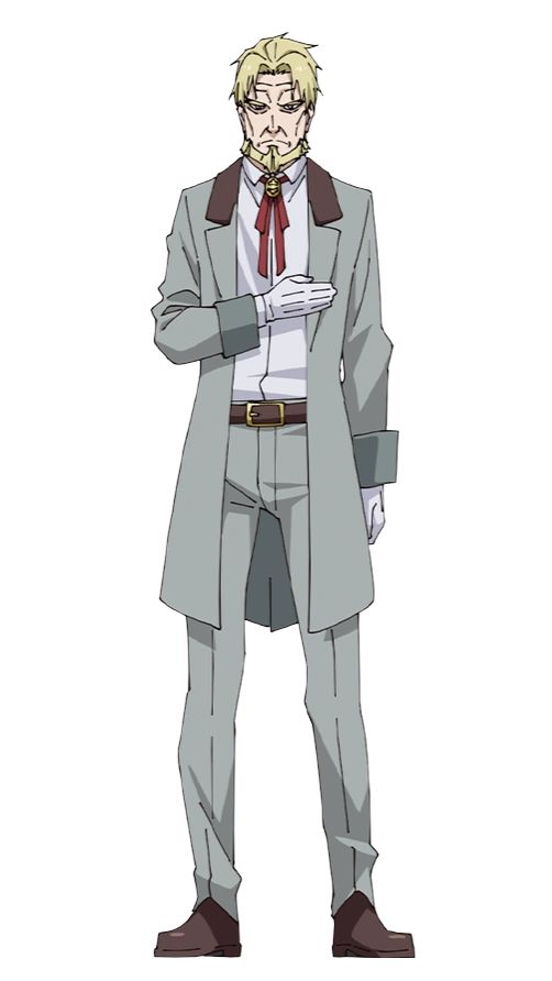 this is a drawing of an anime character. he is a man with blonde hair, white gloves, and a beard. he is wearing a gray suit with a white shirt, a red tie, a brown belt, and black shoes. he is standing with his hands crossed.