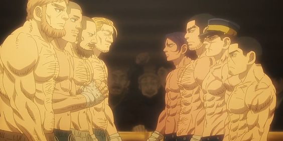 the image showcases a tense standoff between two groups of muscular men.  they are all barechested, revealing scars and toned physiques.  the lighting is dramatic, highlighting the tension in the scene. the background suggests a dimly lit, possibly subterranean room with stone walls.  the overall aesthetic indicates this is a screenshot from the anime "attack on titan".