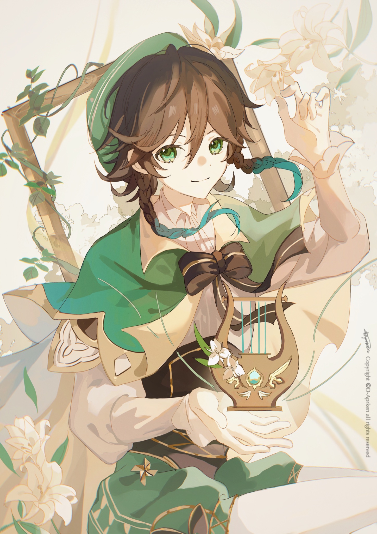 this is an animestyle artwork of a young girl with green hair and eyes. she has a large, green hat with gold trimming, and she is wearing a green and white dress. she is holding a harp, and there are flowers in the background. the girl is smiling and appears to be happy and joyful.