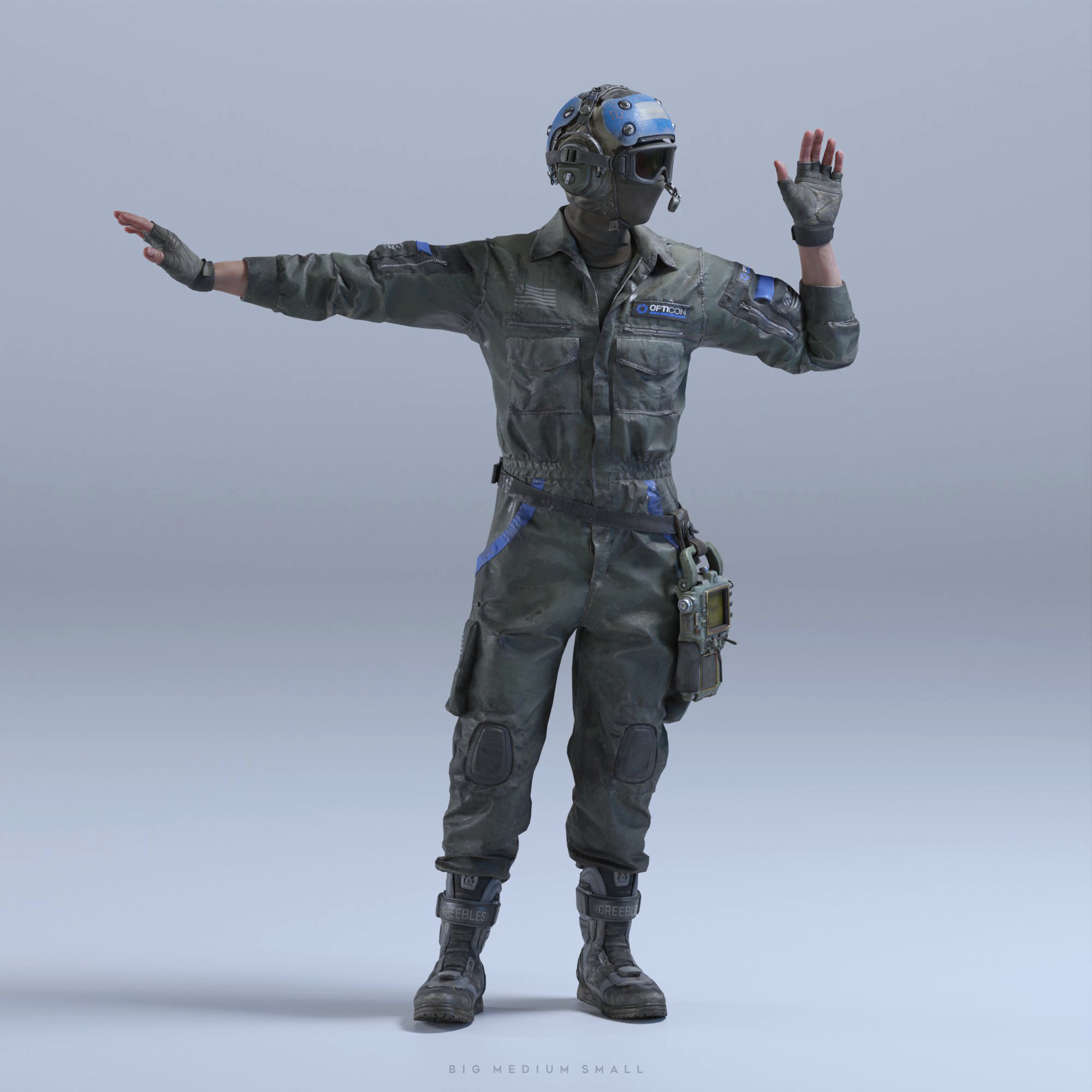 the image is a 3d render of a soldier or operator, possibly a game asset,  wearing a dark green tactical jumpsuit and a blue and grey ballistic helmet. they have various tactical gear including gloves and a device on their hip. the soldier is shown in a fullbody pose with arms slightly outstretched.  the background is a plain, neutral grey. the overall style leans towards a realistic or semirealistic portrayal of a futuristic or modern military character. the image quality is high, indicating a professional render or digital art.  the text "big medium small" at the bottom likely refers to different size options for the model.