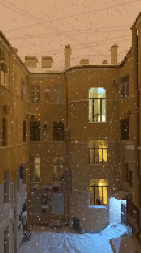 this pixel art image depicts a snowy urban courtyard at night. the courtyard is surrounded by buildings with lit windows, creating a warm contrast against the cool snowcovered ground. snowfall is visible throughout the scene, adding to the wintery atmosphere. the pixelated style gives the image a nostalgic and retro feel.