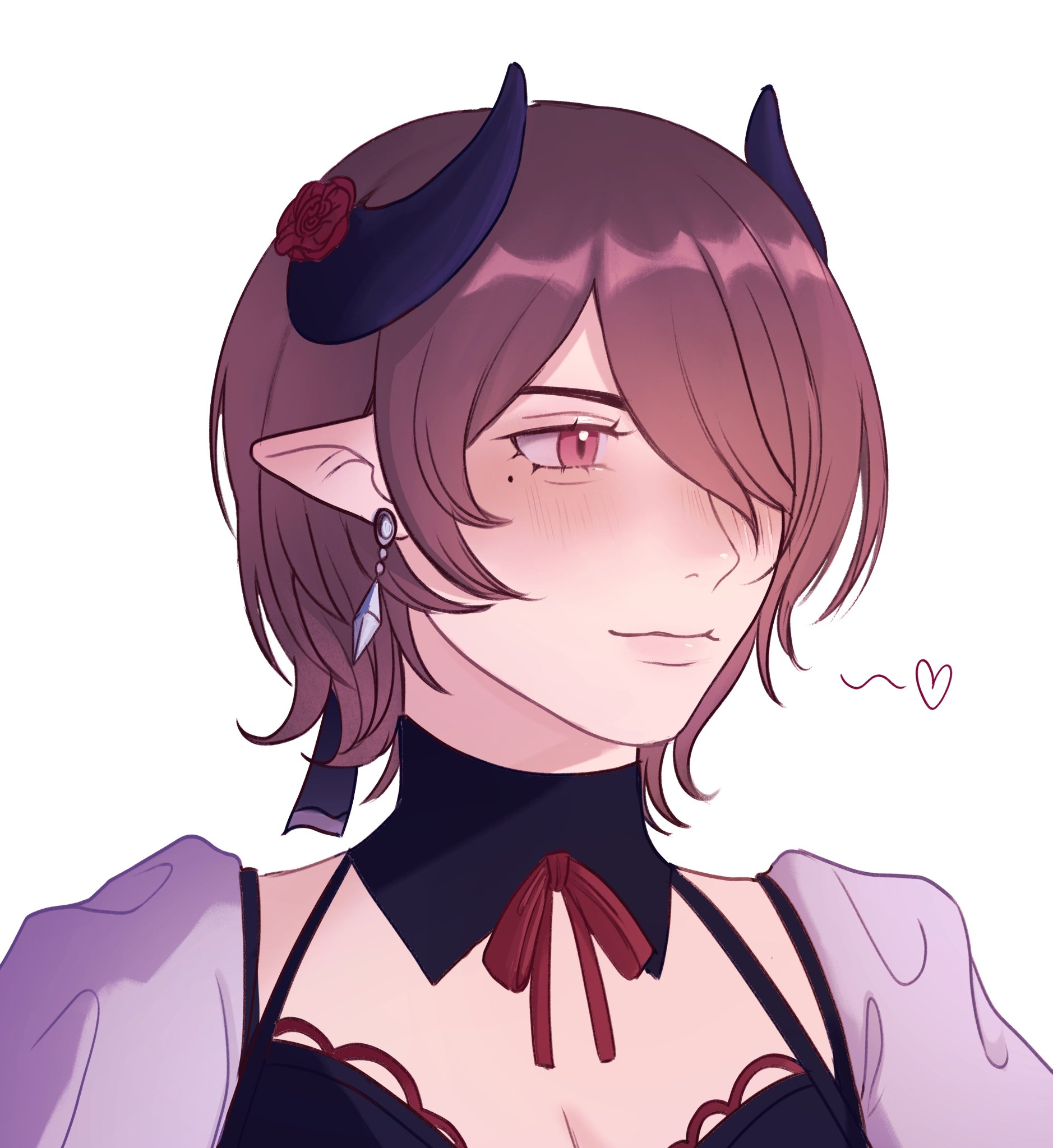 the image is a digital illustration of an anime girl with horns. she has long, pink hair with a small red rose on her left horn. her eyes are red, and she is blushing. she is wearing a black dress with a red bow and a black collar. she is looking to the right with a smile on her face and a heart above her head. the background is white, and the image has a soft and gentle tone. the overall image portrays a cute, sweet, and innocent character.