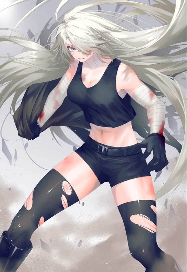 the image shows a young anime girl with long white hair, wearing a black tank top, black shorts, and torn black stockings. she has a serious expression on her face and is standing in a fighting stance. she has several bandages on her arms, and her clothes are ripped and torn, indicating that she has been injured. the background is a blurred grey color, with some light shadows suggesting a dusty or gritty environment. overall, the image evokes a sense of action and determination.
