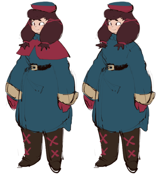 the image depicts a cartoon illustration of two girls in winter outfits. the girls are wearing a red hat, blue coat, brown pants, and red boots with an x design. both of them are looking to the right. the girl on the left is smiling while the girl on the right has a neutral expression. they have different expressions, yet they look the same except for the facial expression. the image is drawn in a digital style with soft lines and vibrant colors. the girls are drawn in a simple and adorable manner.