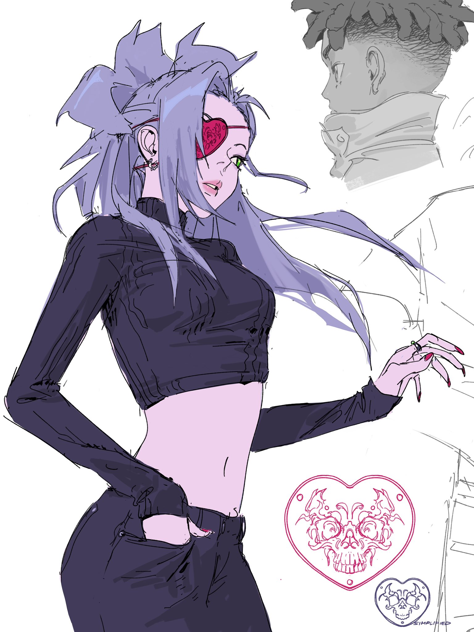 the image is a digital drawing or concept art featuring a stylized female anime or manga character.  the character has long, purplishgrey hair, an eyepatch shaped like a heart with a pattern on it, and is wearing a darkcolored crop top and pants. her style is edgy and fashionforward.  she has a slightly aloof and confident pose.  in the background, there's a sketch of what appears to be a male character and a separate design showing a heartshaped motif with a skull inside.  the overall style is reminiscent of modern anime and manga character design, with a slightly rough, sketchy quality to the lines and shading. the color palette is muted and cooltoned.