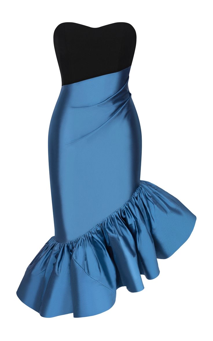 a strapless midi dress that is black on top and blue on the bottom. the skirt is asymmetrical with a large ruffle at the bottom.