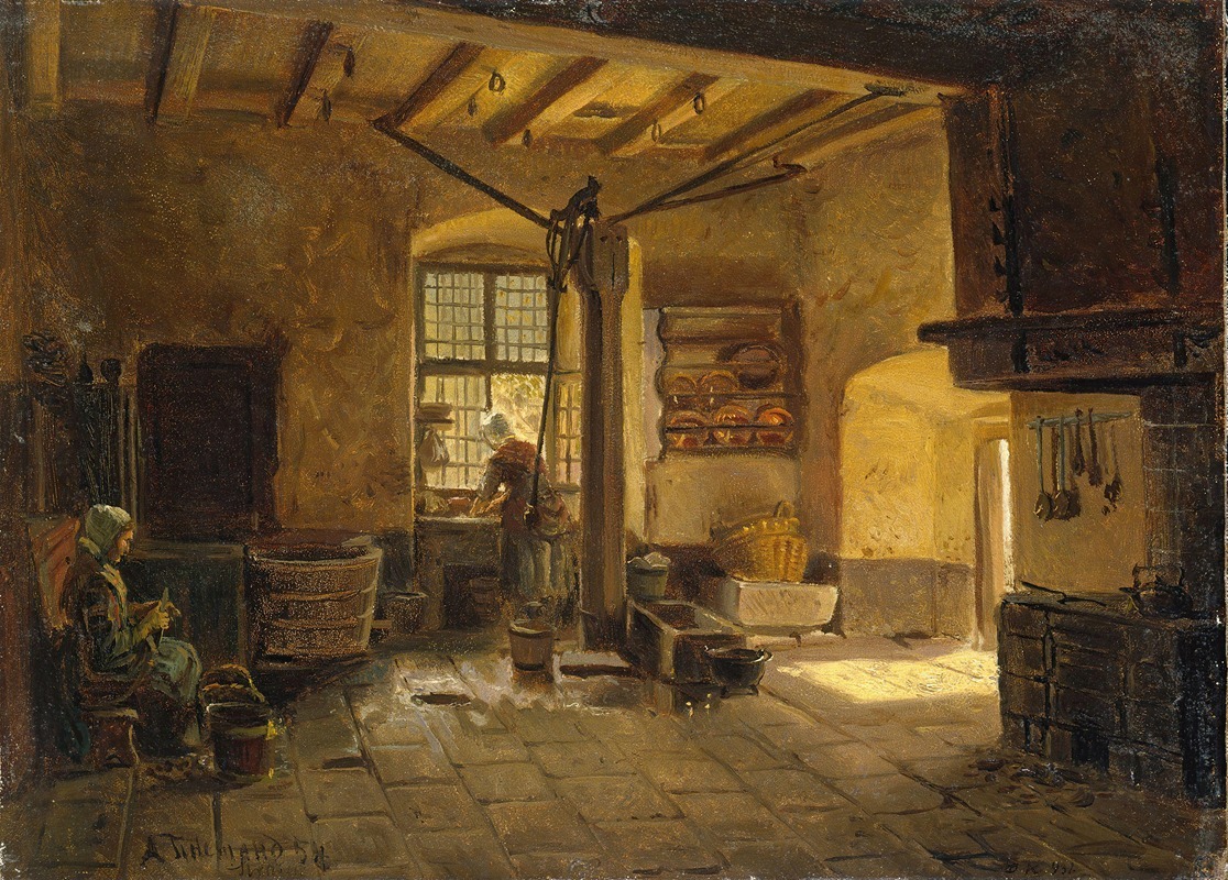 a 19thcentury painting depicts a kitchen interior with two women. one woman sits in the lower left corner, possibly peeling vegetables or doing some other domestic task. the other woman is standing by a window, seemingly washing dishes. various kitchen items, like baskets, pots, pans, and buckets, are scattered throughout the room. a stove and oven are present, suggesting a traditional cooking setup. the room is lit by natural light coming through the window, and the presence of wooden beams on the ceiling adds to the rustic feel. the floor is tiled, and a large barrel stands near the center of the room. the artist's signature is visible in the lower left corner.