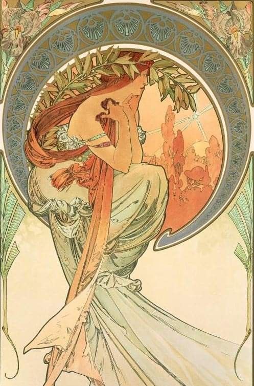 the image is a reproduction of a classic art nouveau poster by alphonse mucha.  it depicts a beautiful, fairskinned woman with long red hair, seated and appearing pensive. she is dressed in flowing, elegant robes in shades of orange, green, and light beige. the woman is positioned within an ornate circular frame decorated with floral motifs and intricate details, characteristic of the art nouveau style.  the background features a stylized landscape suggesting a sunset or sunrise. the overall aesthetic is graceful, serene, and romantic, embodying the characteristic elements of mucha's style. the colors are soft and pasteltoned, contributing to the ethereal and dreamy atmosphere.