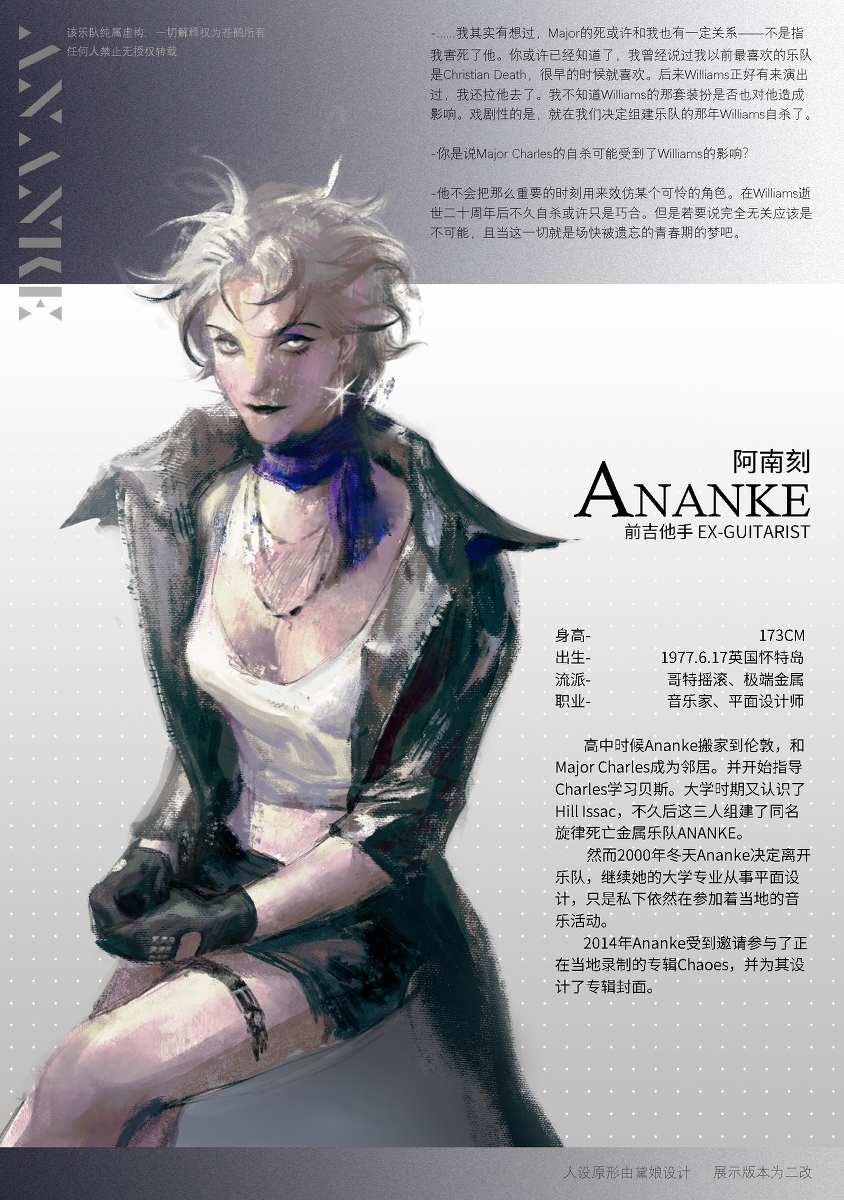 the image is a stylized digital painting or illustration of ananke, a female exguitarist.  the art is in a dark, slightly gothic style, showing her with short, light gray hair, dark eyeliner, and a dark leather jacket.  she's depicted sitting, appearing somewhat pensive.  accompanying the portrait is biographical information written in chinese and partially in english, detailing her life, musical career (including mentions of bands and other musicians), and her later work in graphic design.  the text describes her involvement in a band called ananke and details her connections to other figures in the music scene.  the overall aesthetic is moody and atmospheric, reflecting the tone of the biographical details.