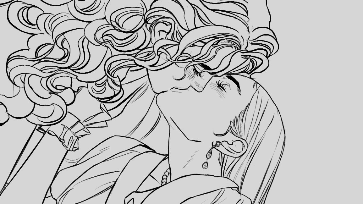 the image is a black and white line drawing of two people kissing. the figures are shown in profile. the person on the left has curly hair. the person on the right has long straight hair and is wearing a teardrop earring.