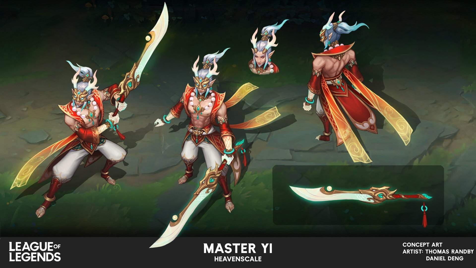 this image showcases the concept art for master yi's heavenscale skin in league of legends. the artwork features multiple views of the character, including front, back, and head shots, each displaying intricate details of the costume and weapon.  the design is heavily influenced by east asian aesthetics, with vibrant red and gold colors dominating the outfit. the character is shown wielding a large, ornate sword, which is also depicted separately for closer inspection. the overall style is highly detailed and polished, characteristic of highquality digital game art. the artists, thomas randby and daniel deng, are credited in the lower right corner.