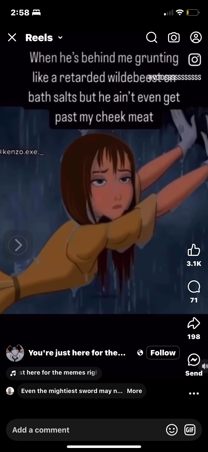 a screenshot of a tiktok reel featuring jane porter from disney's tarzan with the caption "when he's behind me grunting like a retarded wildebeest on bath salts but he ain't even get past my cheek meat." the image is taken from the film where jane is swinging on vines.