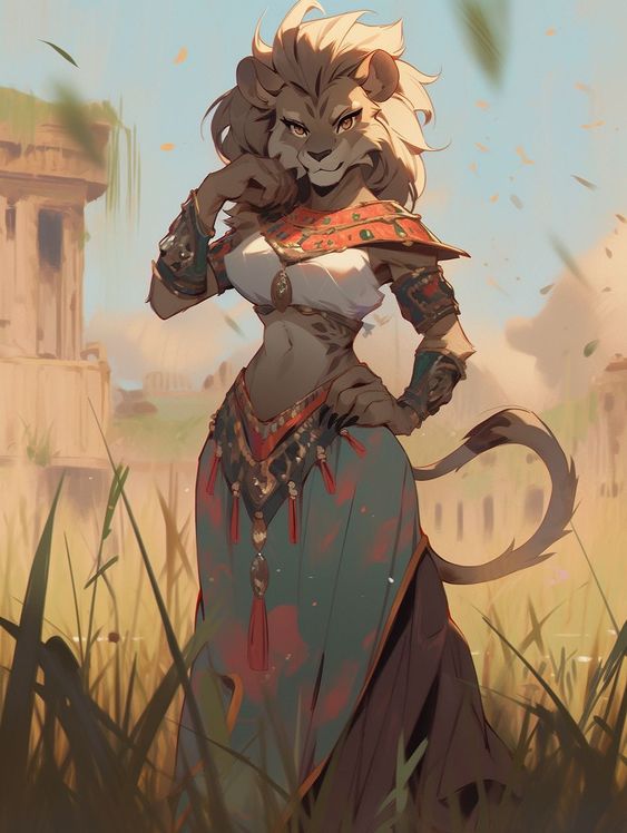 this is a digital illustration of a lioness with a human body. she is wearing elaborate clothing and jewelry, and has a proud and confident expression on her face. she is standing in a grassy field, with ruins in the background. the sun is shining brightly, and the sky is a clear blue.