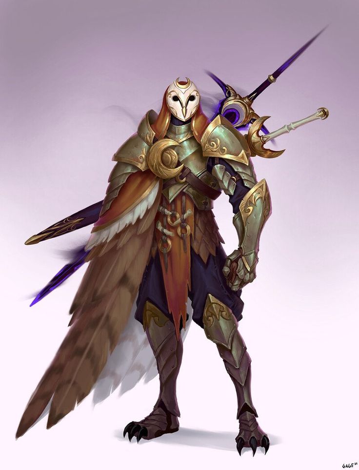 a fantasy illustration of a warrior knight in armor, with an owl mask, wings and a crescent moon motif. the knight is holding a purplebladed sword with a golden hilt. the warrior stands against a light purple background.